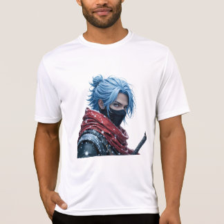 Intense Blue-Haired Swordsman in Snowy Setting Por T-Shirt