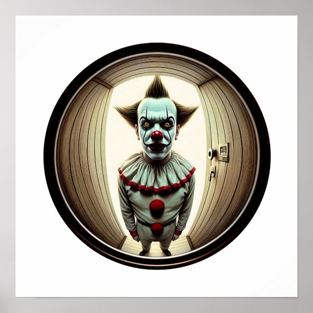 Intense Clown Staring Through Doorway | Fisheye Poster (Front)
