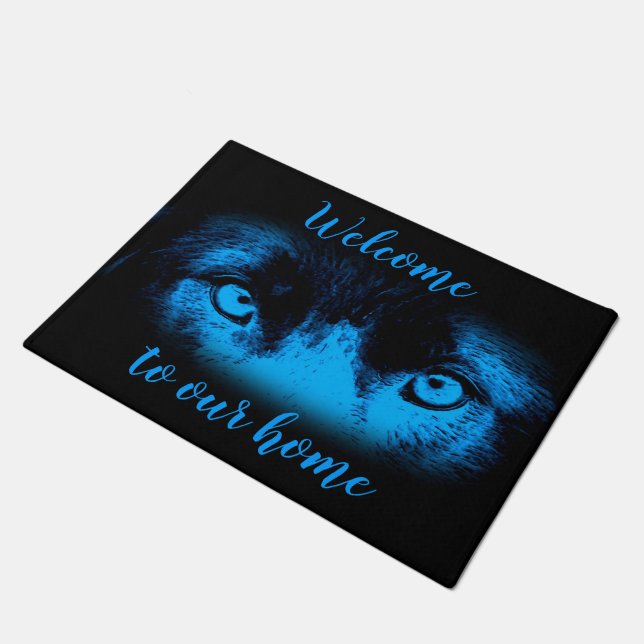 Intense Dog Eyes In Blue Welcome Doormat (Angled)