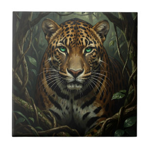 Intense Green Eyed Jaguar Jungle Tile
