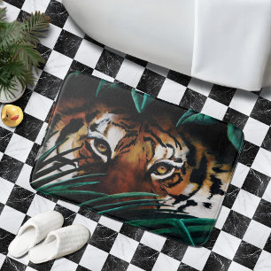 Intense Green Jungle Tiger Eyes Wildlife Leaves Bath Mat