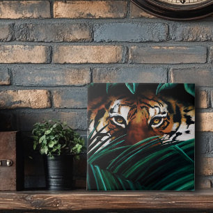 Intense Green Jungle Tiger Eyes Wildlife Leaves Tile
