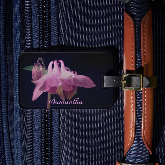Intense Pink Columbine Flower Personalised Luggage Tag (Front Insitu 4)