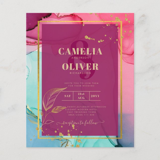 Intense PINK Turquoise GOLD WEDDING Alcohol Ink Flyer (Front)