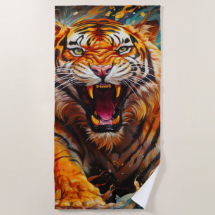 Intense Roaring Tiger Portrait Beach Towel