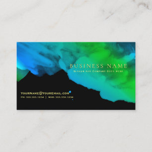 Intense Teal Blue Green Watercolors on Black Business Card