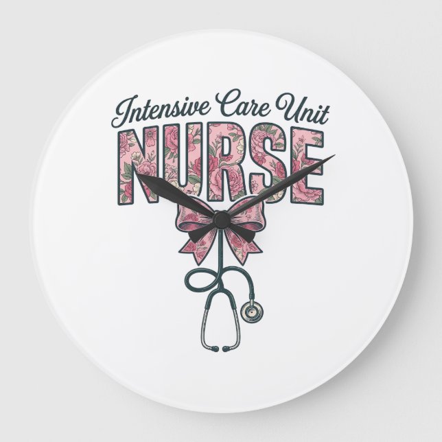 Intensive Care Unit Nurse Floral Bow Shirt Design_ Large Clock (Front)