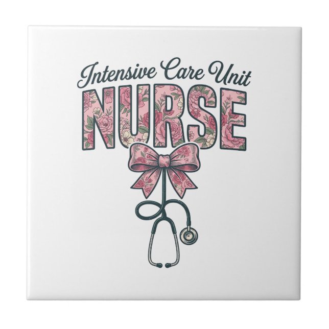 Intensive Care Unit Nurse Floral Bow Shirt Design_ Tile (Front)