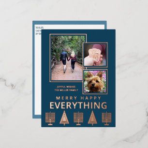 Interfaith 3 Photo Simple Modern Navy Rose Gold Foil Holiday Postcard