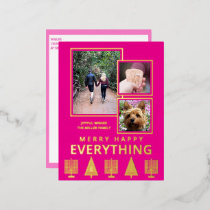 Interfaith 3 Photo Simple Modern Pink Gold Foil Holiday Postcard