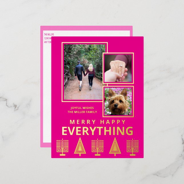 Interfaith 3 Photo Simple Modern Pink Gold Foil Holiday Postcard (Front/Back)
