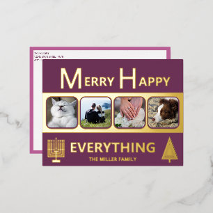 Interfaith 4 Photo Simple Modern Purple Gold Foil Holiday Postcard