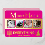 Interfaith 4 Photo Simple Trendy Pink Gold<br><div class="desc">These simple 4 photo greeting cards in bright hot pink with real gold foil printing are a cute choice for your interfaith family. A Hanukkah menorah on the left and a stylized Christmas tree on the right paired with simple modern fonts keep the MERRY HAPPY EVERYTHING design uncluttered and showcases...</div>