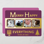 Interfaith 4 Photo Simple Trendy Purple Gold<br><div class="desc">These simple 4 photo greeting cards in rich plum purple with real gold foil printing are a cute choice for your interfaith family. A Hanukkah menorah on the left and a stylized Christmas tree on the right paired with simple modern fonts keep the MERRY HAPPY EVERYTHING design uncluttered and showcases...</div>
