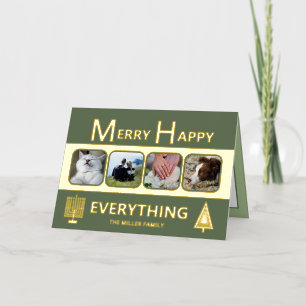 Interfaith 4 Photo Trendy Simple Green Gold Foil Holiday Card