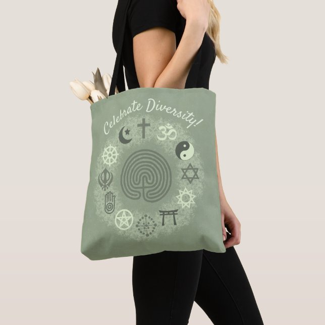 Interfaith Symbols (Sage Green) Tote Bag (Close Up)