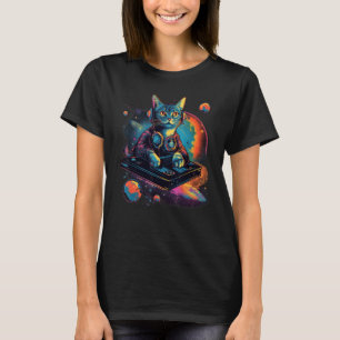Intergalactic Cosmic DJ Cat -Vibrant Retro-Futuris T-Shirt