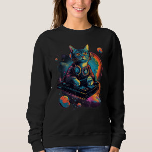 Intergalactic Cosmic DJ Cat Vibrant Retro Futurist Sweatshirt