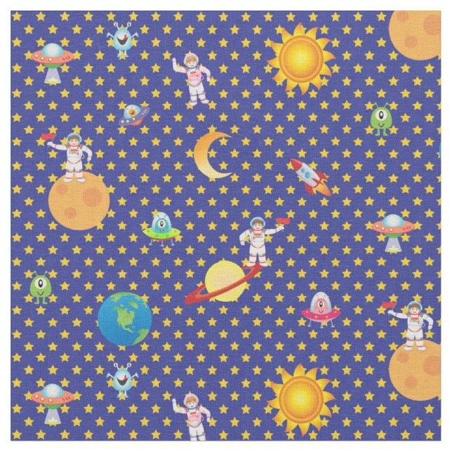 Intergalactic Star Space on Dark Blue  Fabric (Close Up)