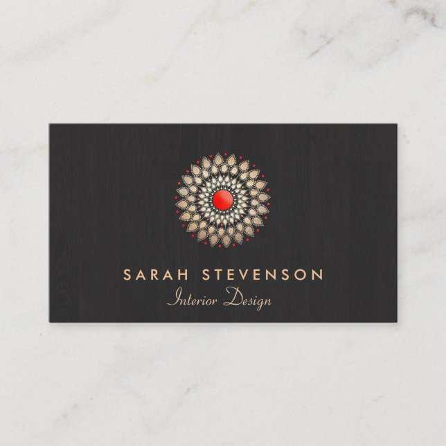 Interior Designer Elegant Gold Red Motif Wood Look Business Card (Front)