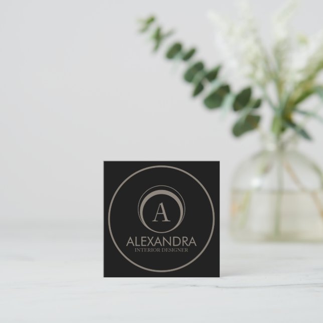Interior Designer Elegant Monogram QR Code Black Square Business Card (Standing Front)