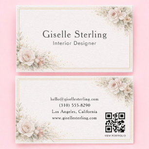 Interior Designer Floral Neutral QR Code Business Card