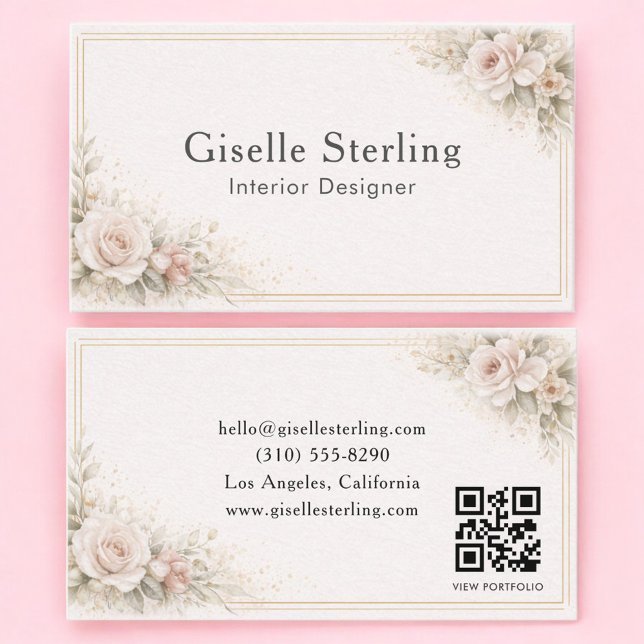 Interior Designer Floral Neutral QR Code Business Card (Creator Uploaded)