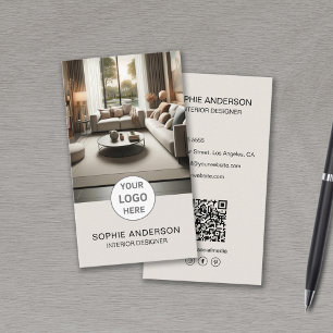 Interior Designer Logo Photo QR Social Media Tan Business Card
