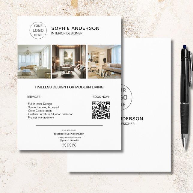Interior Designer Logo Photo QR White Business Flyer (Interior Designer Logo Photo QR White Business Flyer)