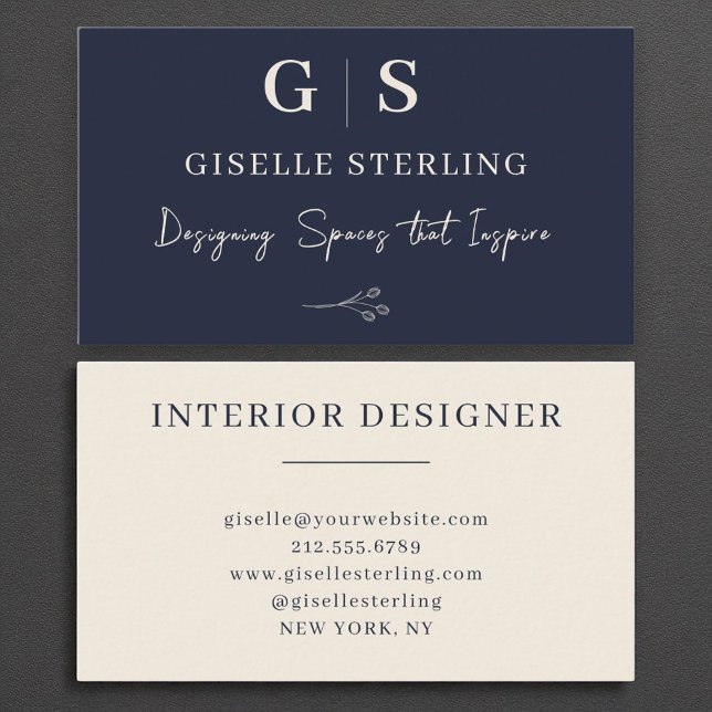 Interior Designer Monogram Elegant Navy Blue Cream Business Card (Creator Uploaded)