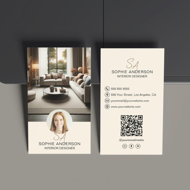 Interior Designer Monogram Photo QR Cream Business Card (Interior Designer Monogram Photo QR Cream Business Card)