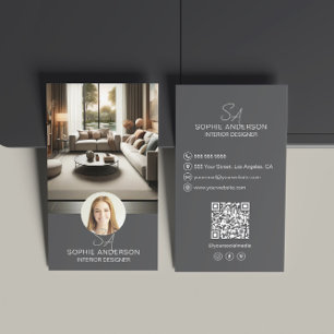 Interior Designer Monogram Photo QR Grey Business Card