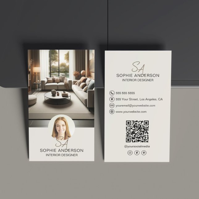 Interior Designer Monogram Photo QR Social Media  Business Card (Interior Designer Monogram Photo QR Social Media Business Card)