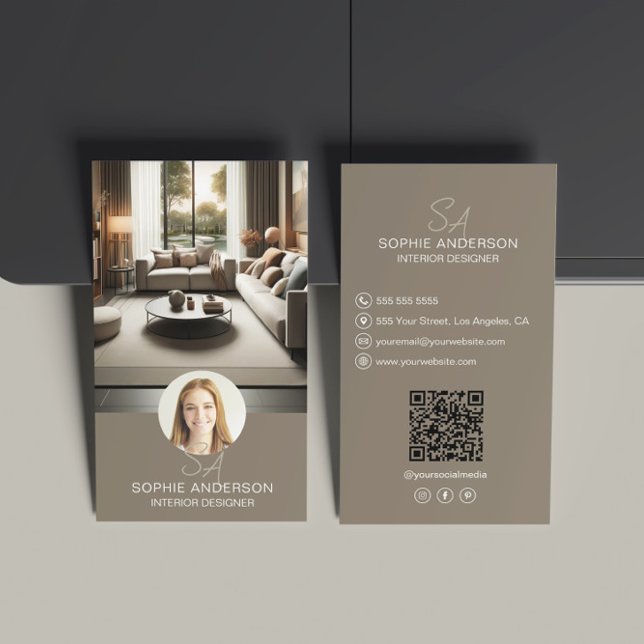 Interior Designer Monogram Photo QR Taupe Business Card (Interior Designer Monogram Photo QR Taupe Business Card)