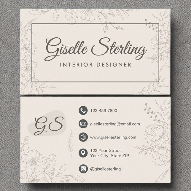 Interior Designer Neutral Ivory Floral Elegant Business Card (Creator Uploaded)