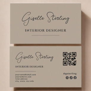 Interior Designer Neutral Taupe Script QR Code Business Card
