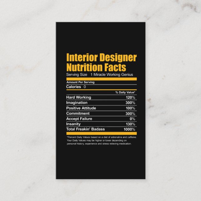 Interior Designer Nutrition Facts Funny T-Shirt Business Card (Front)