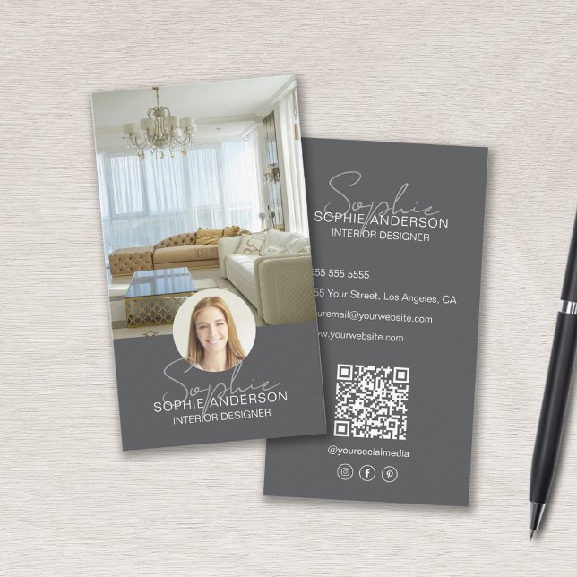 Interior Designer Photo QR Script Name Grey Business Card (Interior Designer Photo QR Script Name Gray Business Card)