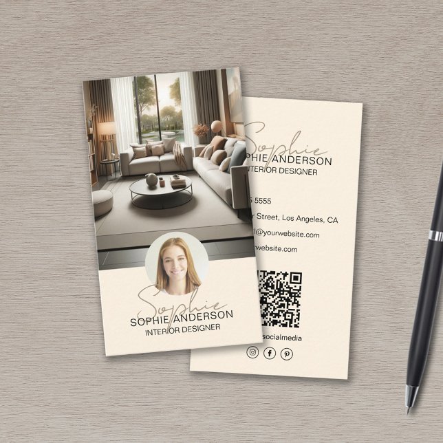 Interior Designer Script Name Photo QR Cream Business Card (Interior Designer Script Name Photo QR Cream Business Card)