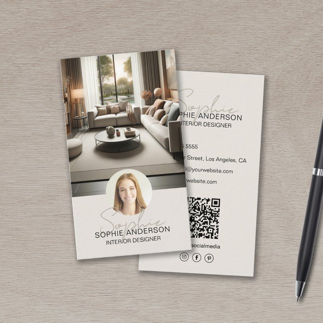 Interior Designer Script Name Photo QR Tan Business Card (Interior Designer Script Name Photo QR Tan Business Card)