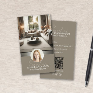 Interior Designer Script Name Photo QR Taupe Business Card
