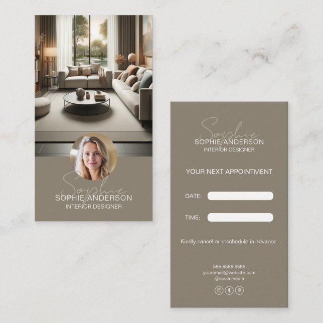 Interior Designer Script Name Taupe Appointment Card (Front/Back)