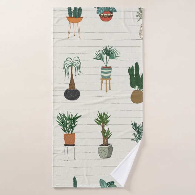 interior home plants seamless hand drawn pattern bath towel (Bath Towel)