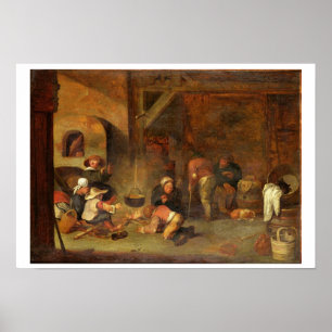 Interior of a barn with peasants warming themselve poster