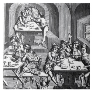 Interior of a hostelry, after a woodcut in a folio tile
