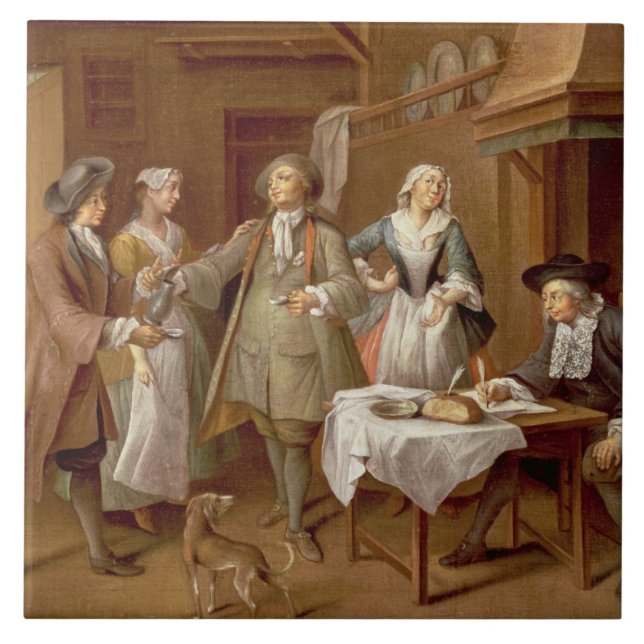 Interior of a Kitchen with Figures Tasting Wine Tile (Front)