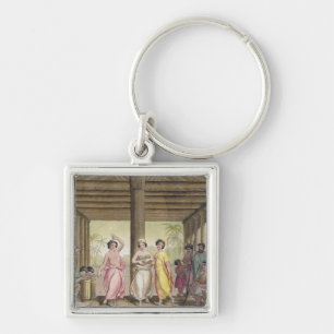 Interior of a Tahitian house with dancing girls, i Key Ring