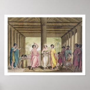 Interior of a Tahitian house with dancing girls, i Poster