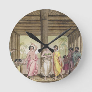 Interior of a Tahitian house with dancing girls, i Round Clock