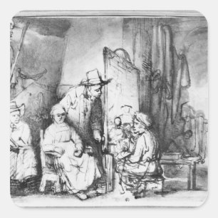 Interior of studio with painter painting square sticker